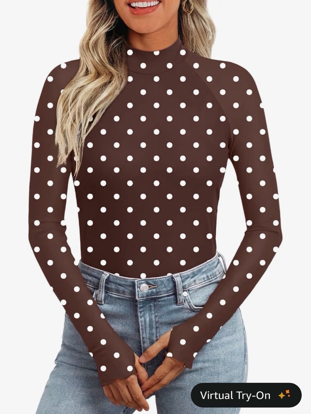 Dealmore Polka Dot Mesh Long Sleeve in Brown & White Large Like New